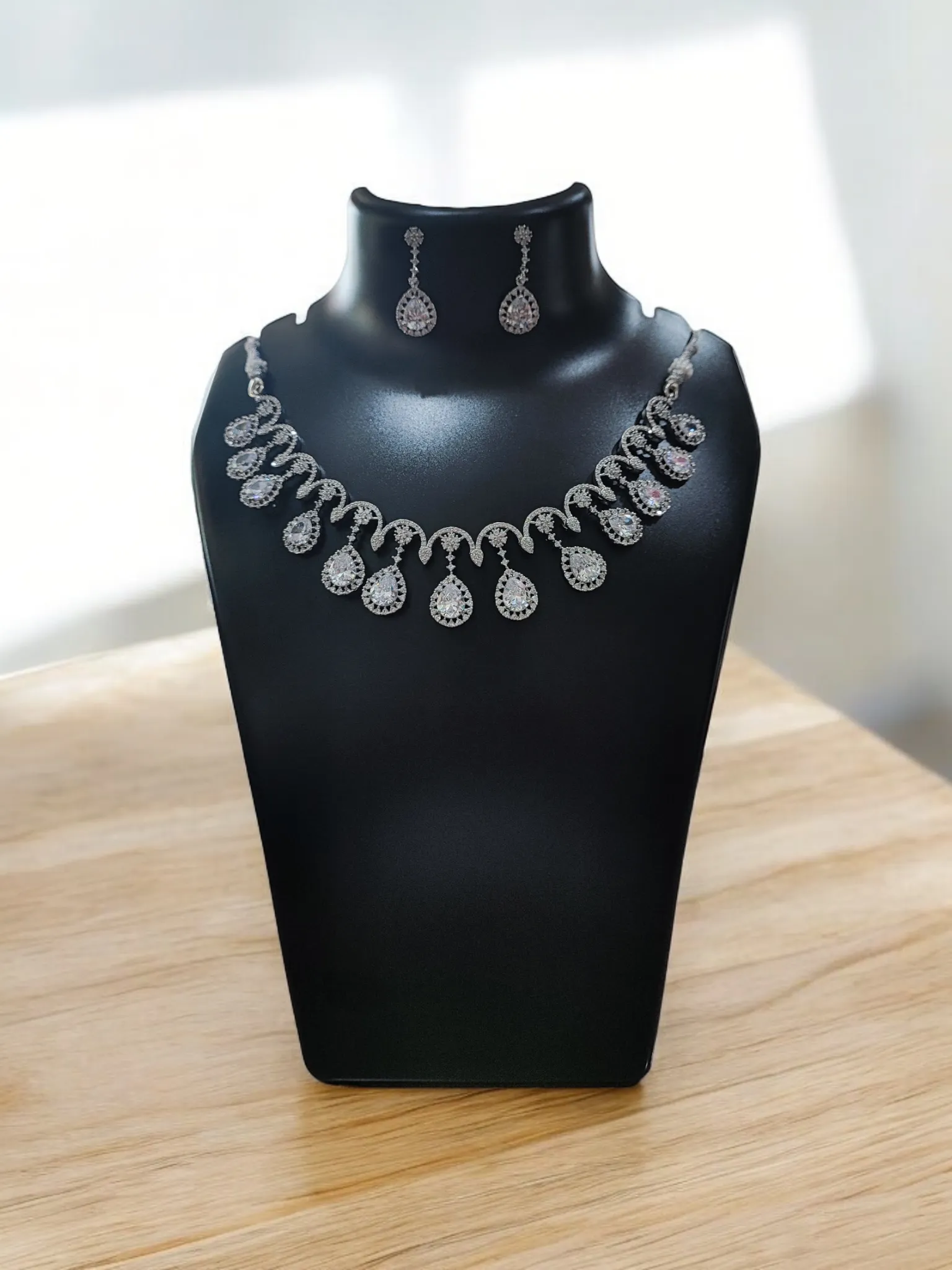Pearlfect Sparkling Flower Drop American Diamond Necklace Set