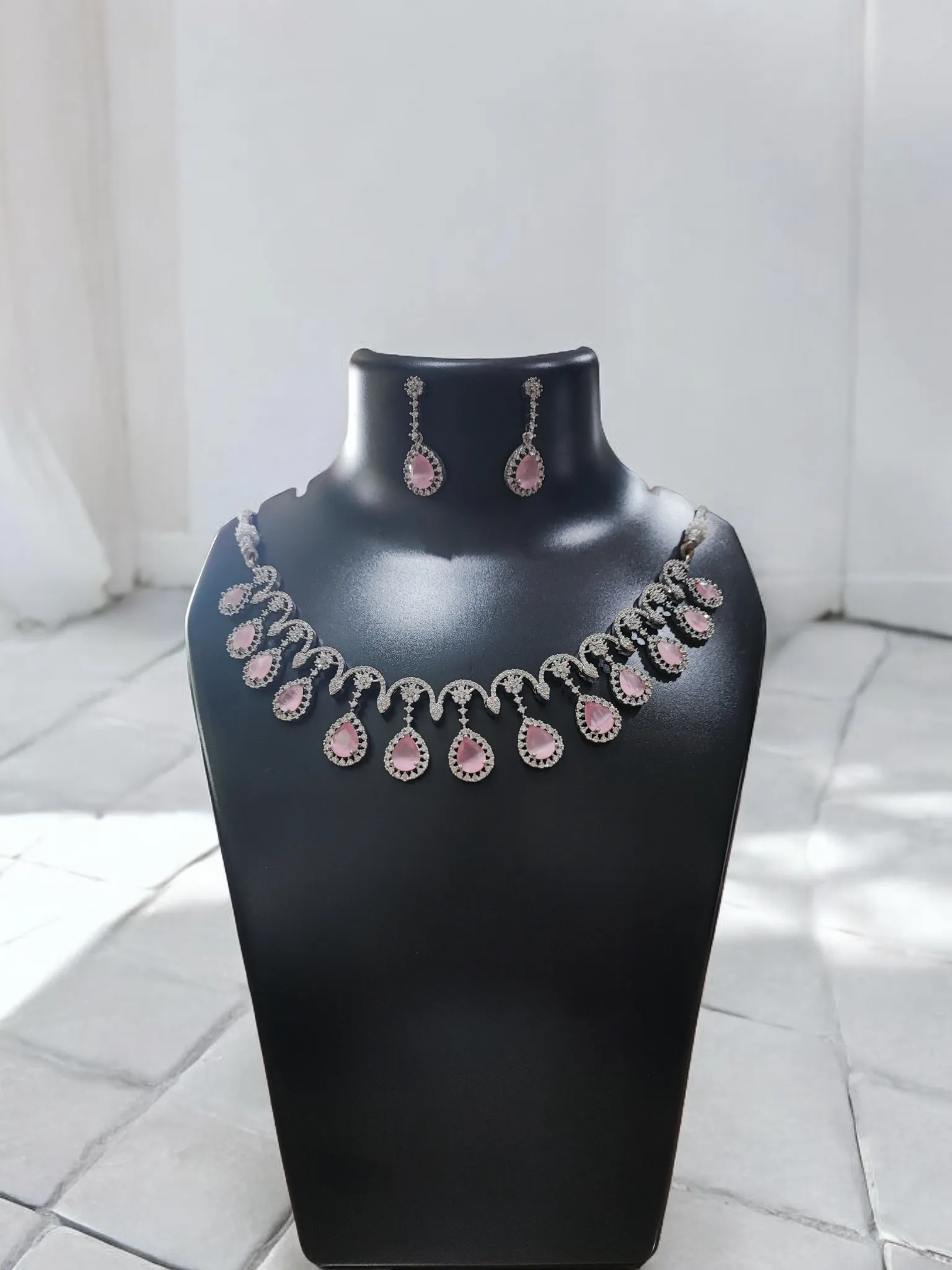 Pearlfect Sparkling Flower Drop American Diamond Necklace Set