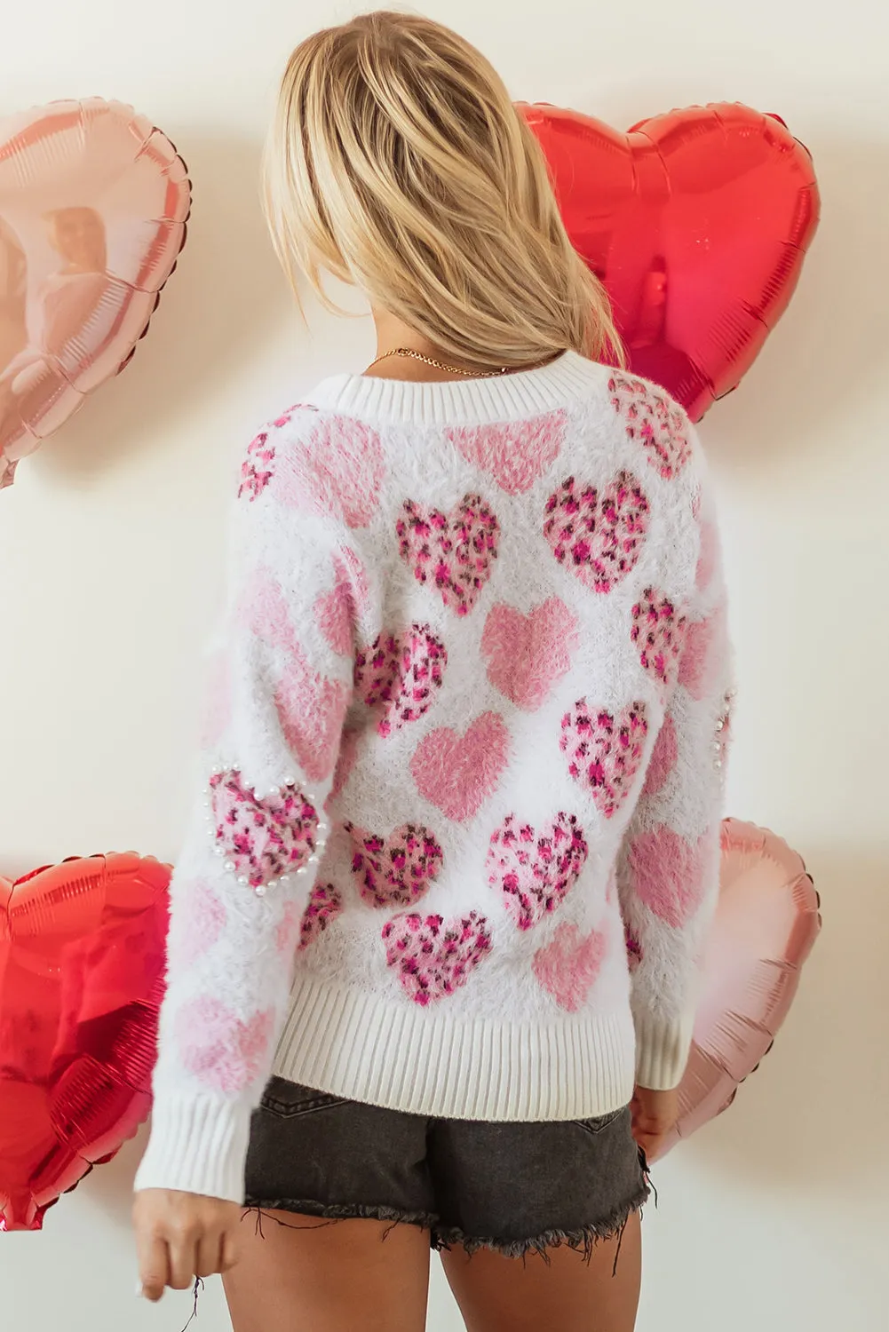 Pink Heart Leopard Print Pearled Ribbed Trim Fuzzy Sweater
