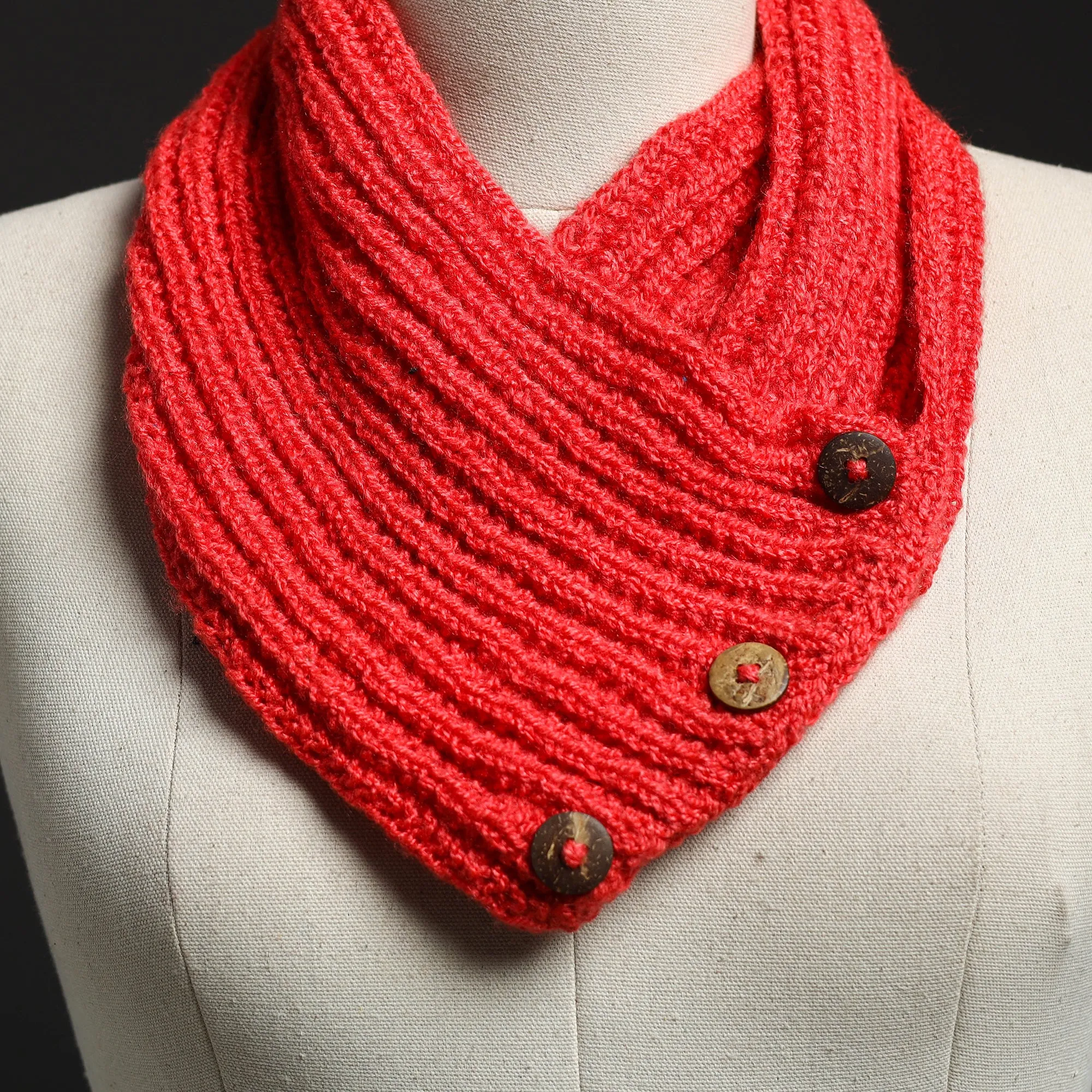 Red - Kumaun Hand Knitted Woolen Button Cowl 124