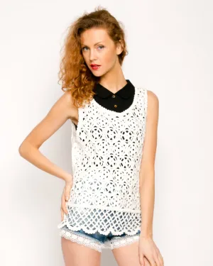White Floral Pattern Crochet Vest Top