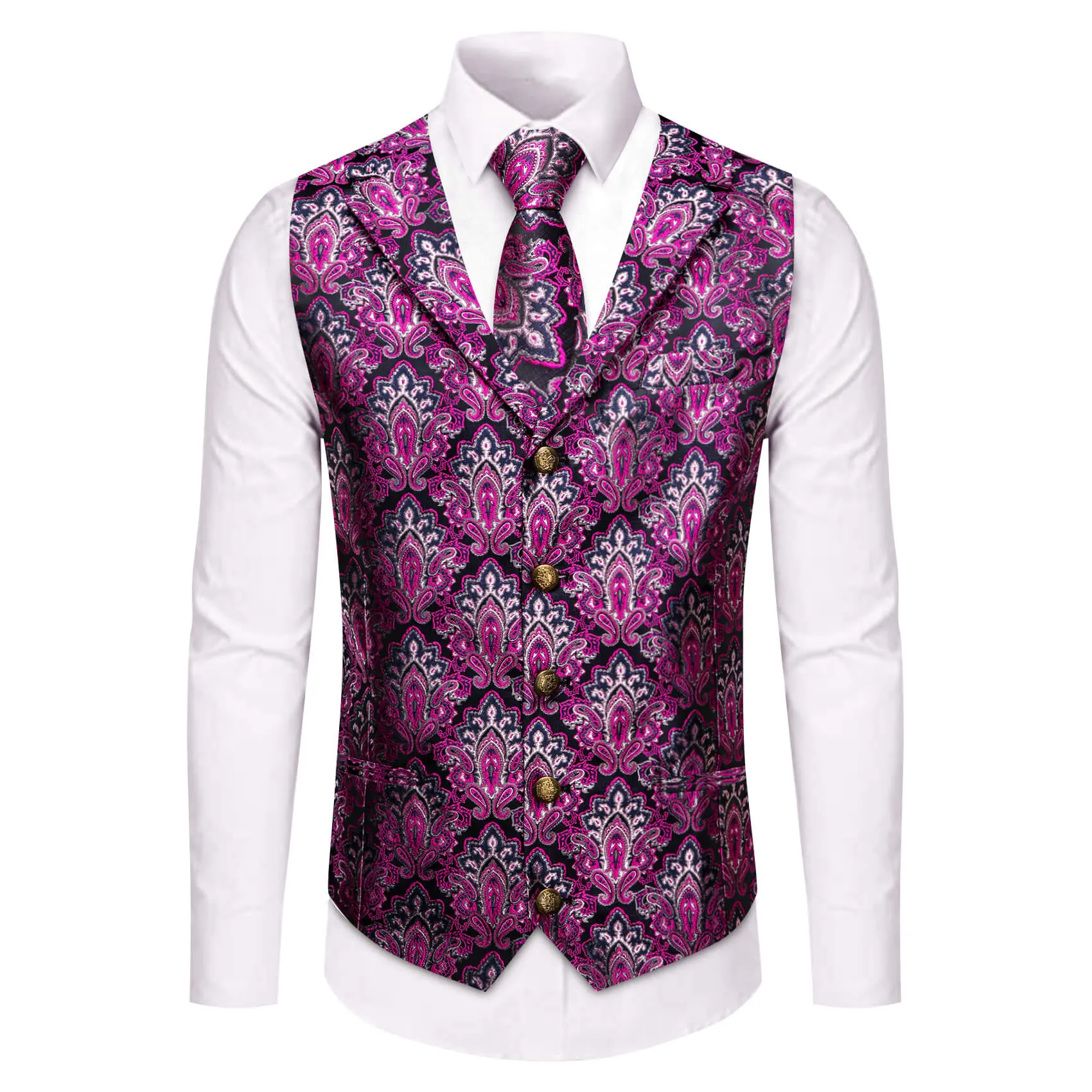 YourTies Purple Paisley Men's Vest Necktie Handkerchief Cufflinks Set