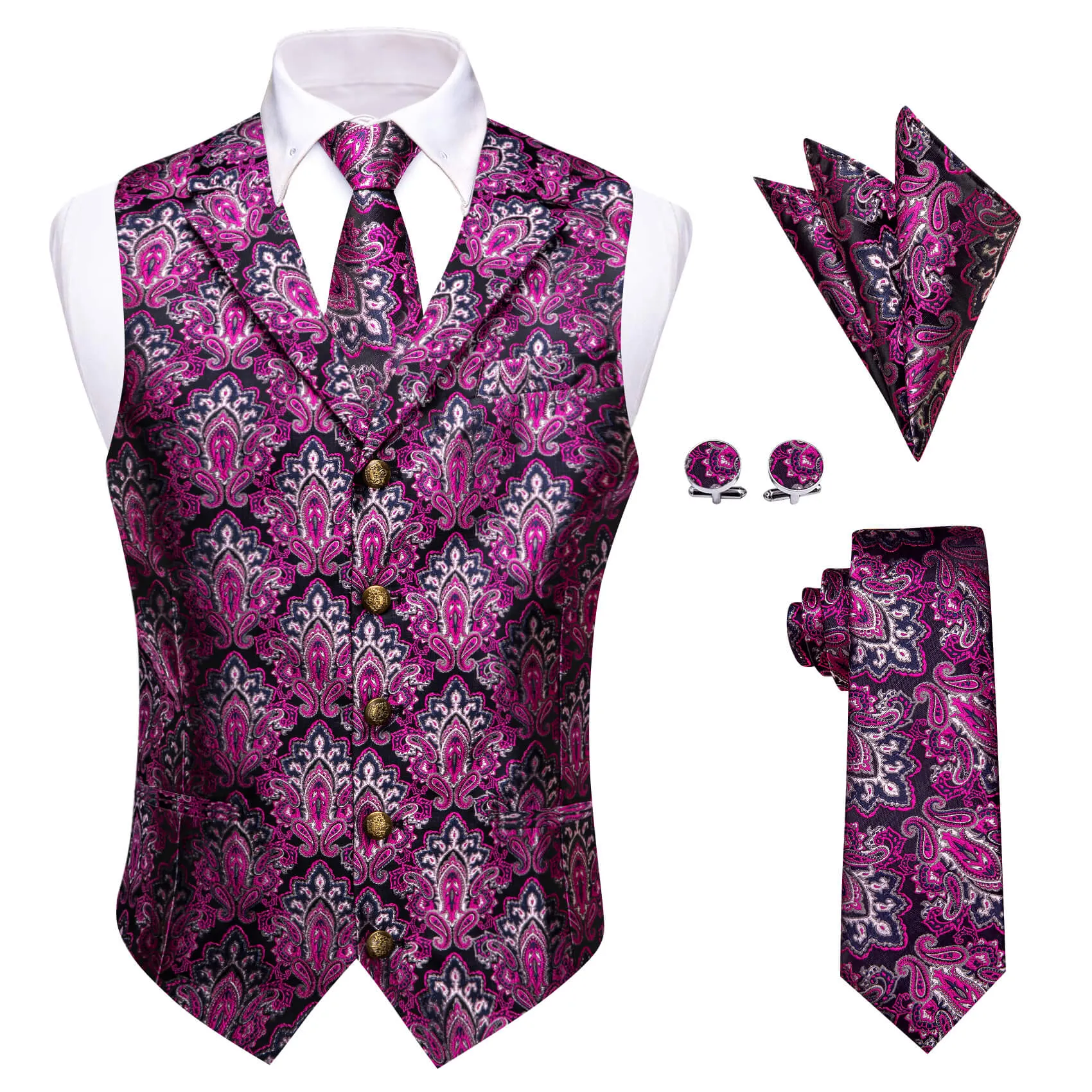 YourTies Purple Paisley Men's Vest Necktie Handkerchief Cufflinks Set