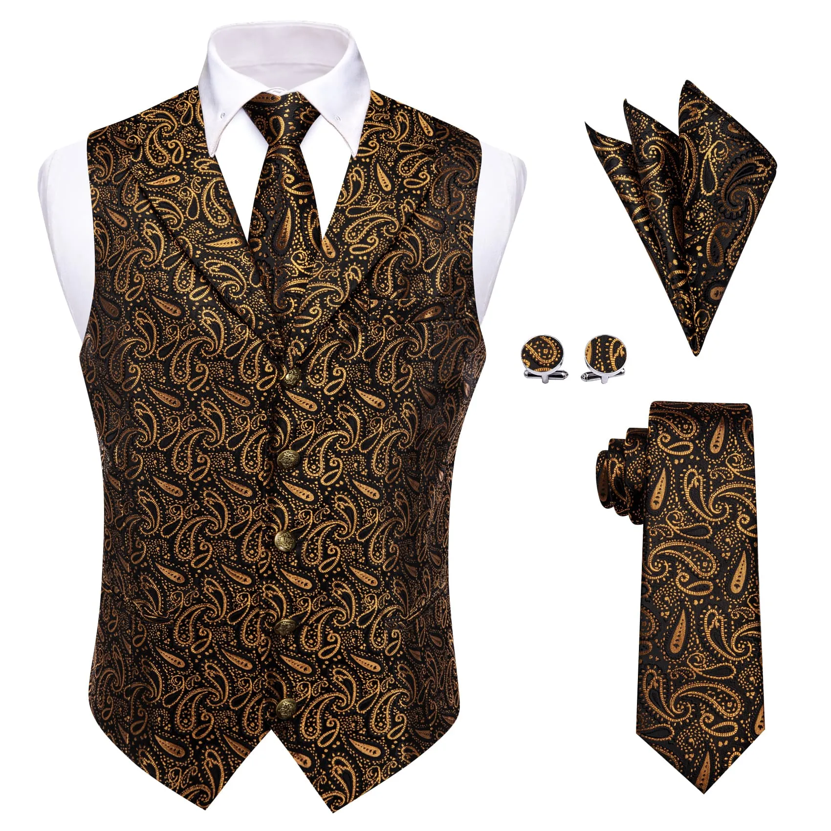 YourTies Wedding Vest Black Gold Paisley Men's Waistcoat Necktie Set
