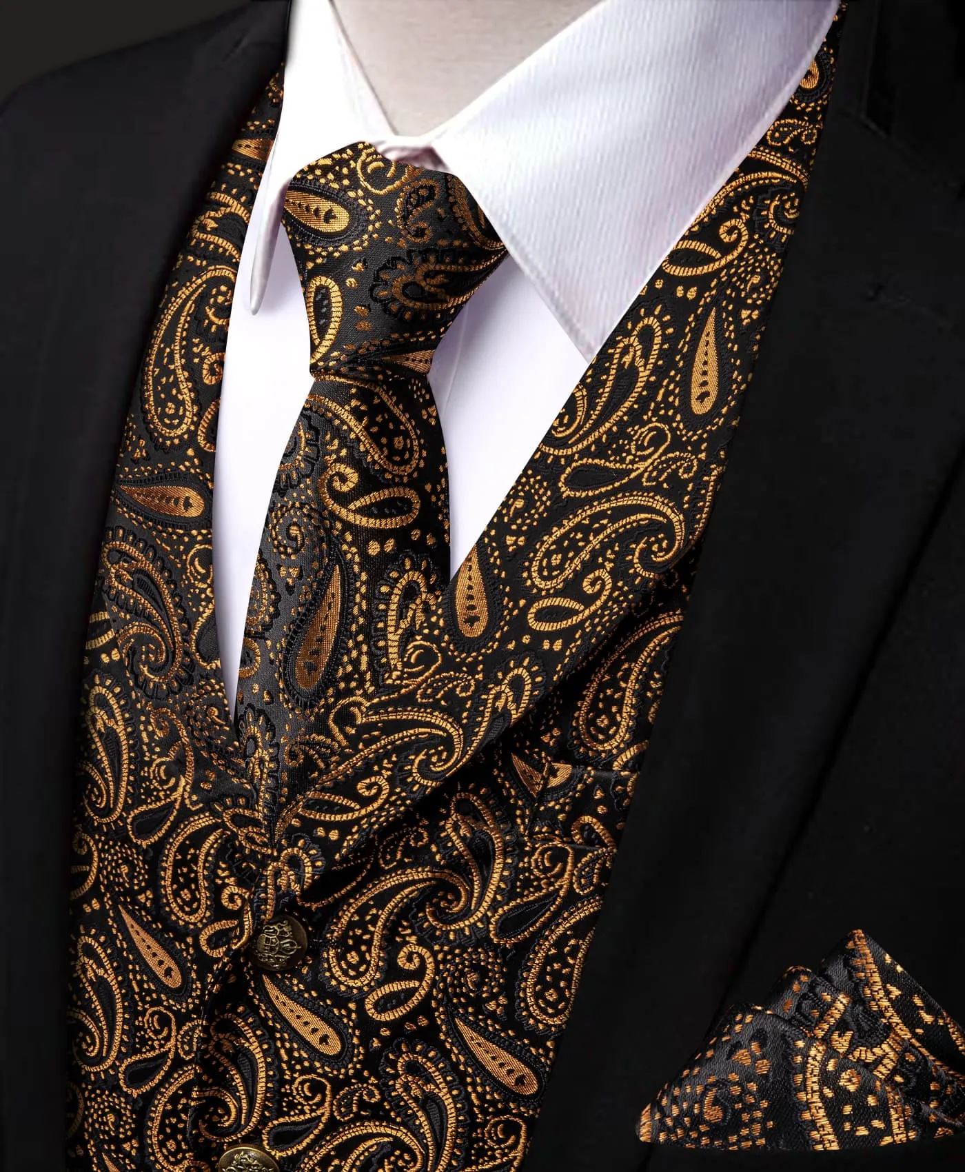 YourTies Wedding Vest Black Gold Paisley Men's Waistcoat Necktie Set