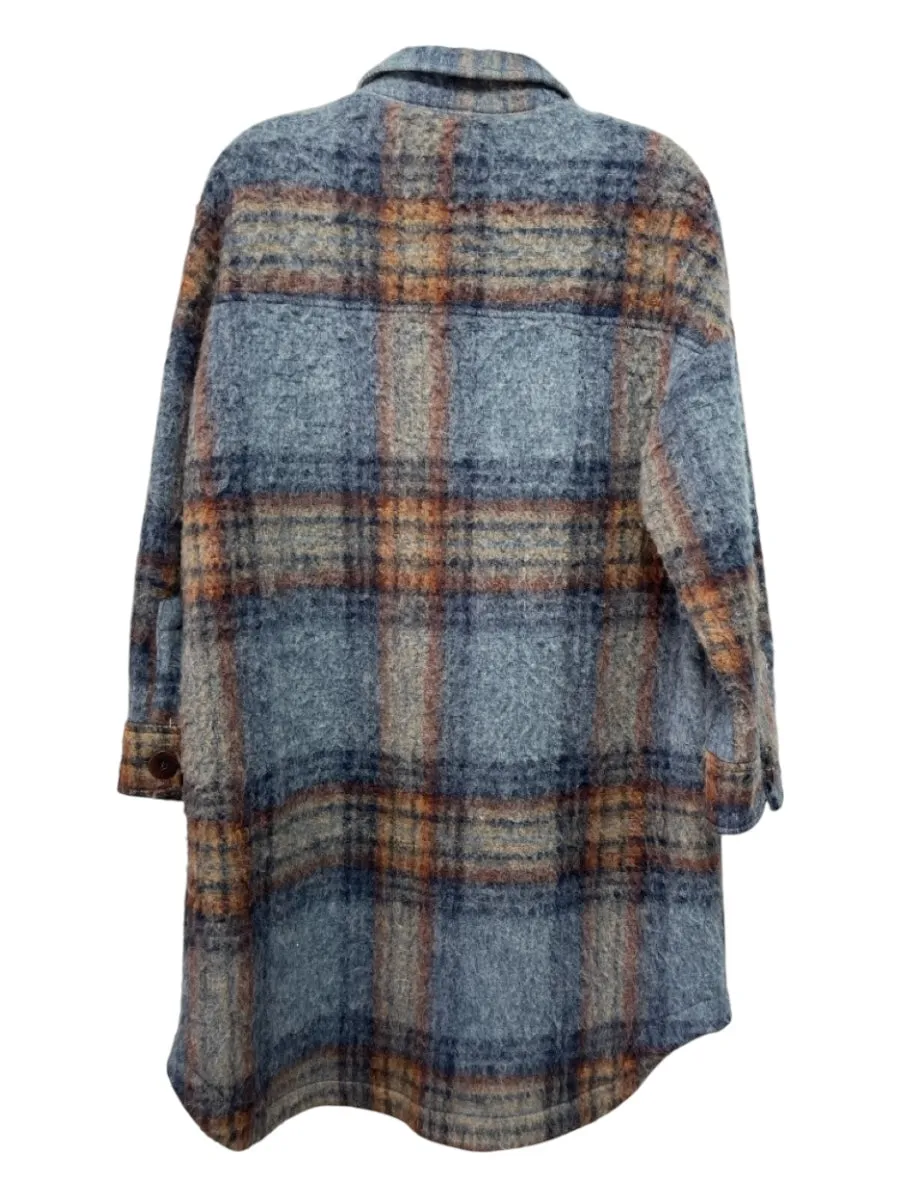Zara Size XS Blue & Brown Acrylic Button Down Plaid Knee Length Coat
