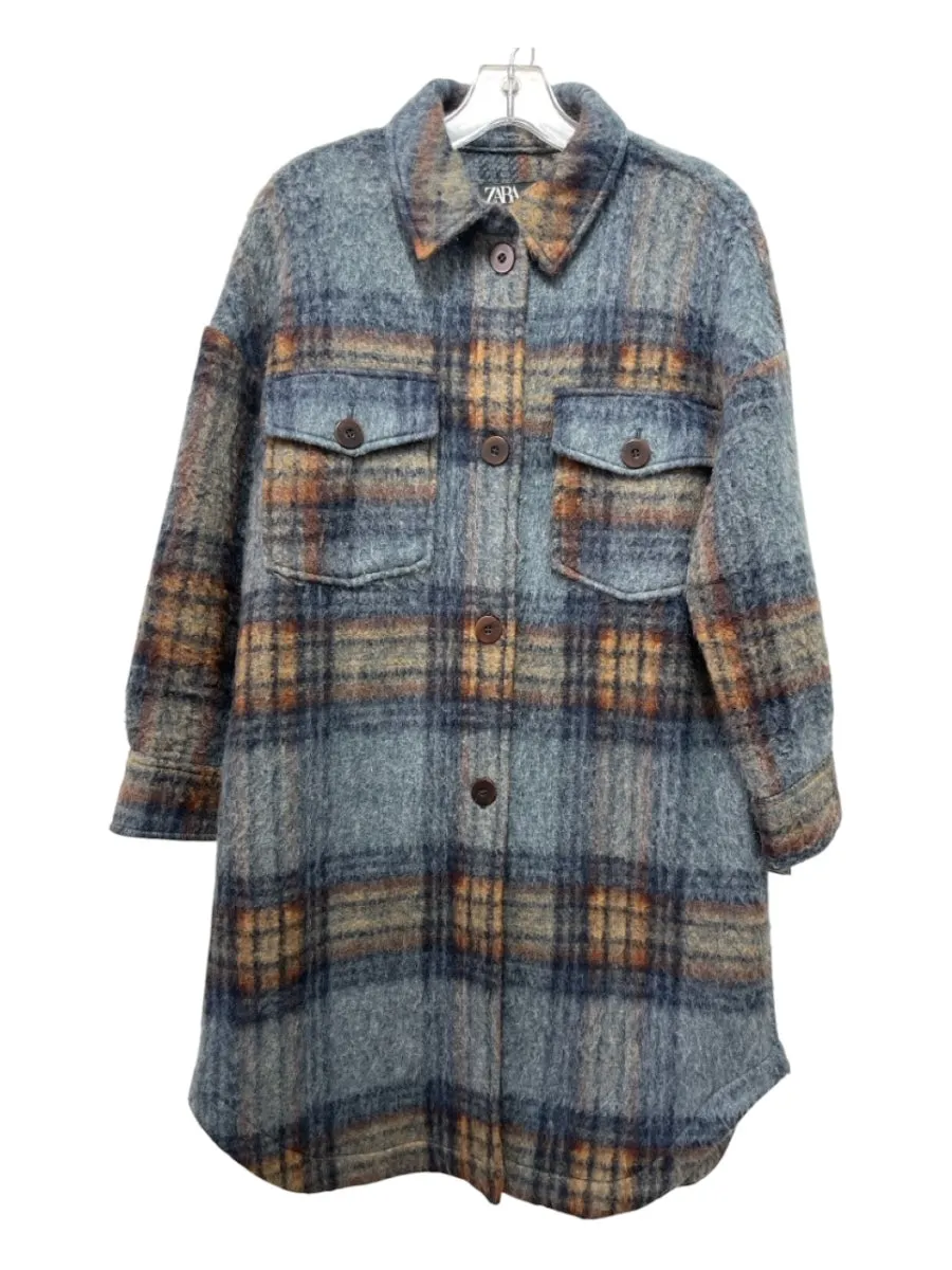 Zara Size XS Blue & Brown Acrylic Button Down Plaid Knee Length Coat