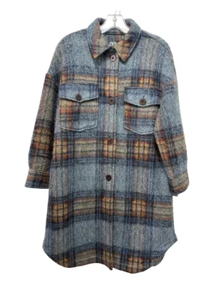 Zara Size XS Blue & Brown Acrylic Button Down Plaid Knee Length Coat